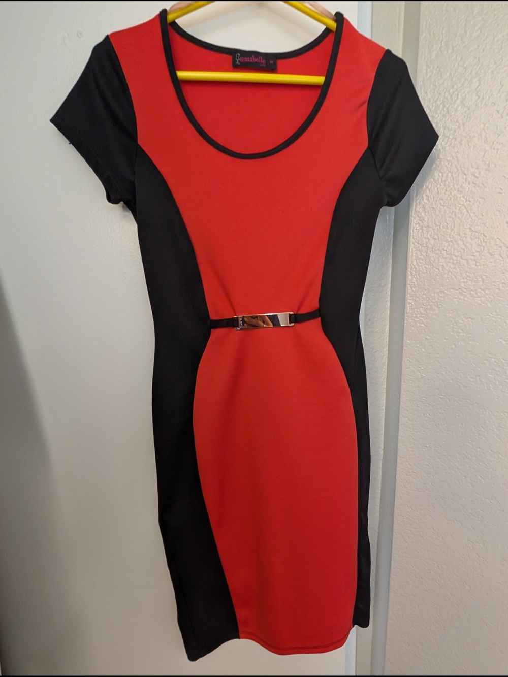Annabelle Red and Black Midi Sheath Dress with Metallic Waist Accent